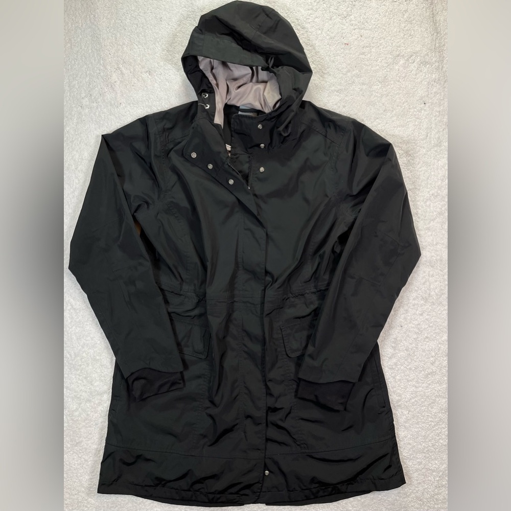 Women’s Athleta Black Hooded Utility soft-shell lined trench coat size Large